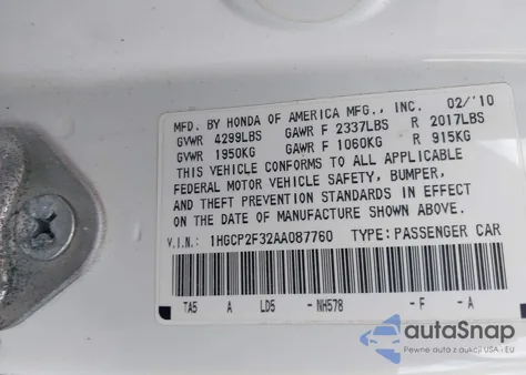 2010 Honda Accord 2.4 Lx из США, поврежденный, VIN 1HGCP2F32AA087760